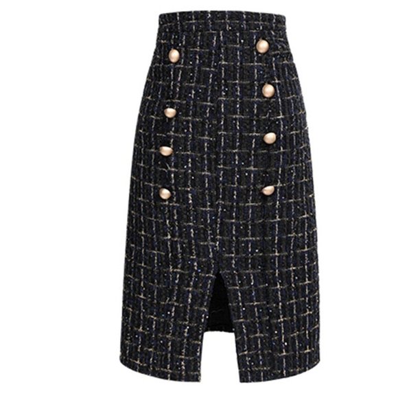 hlkodo Dresses & Skirts - HLKODO Navy Blue Gold Lurex Tweed Pencil Skirt S